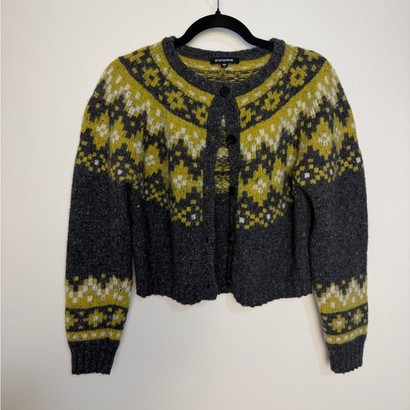 Stateside merino wool blend green/grey fair isle button up cardigan size med - Picture 3 of 7